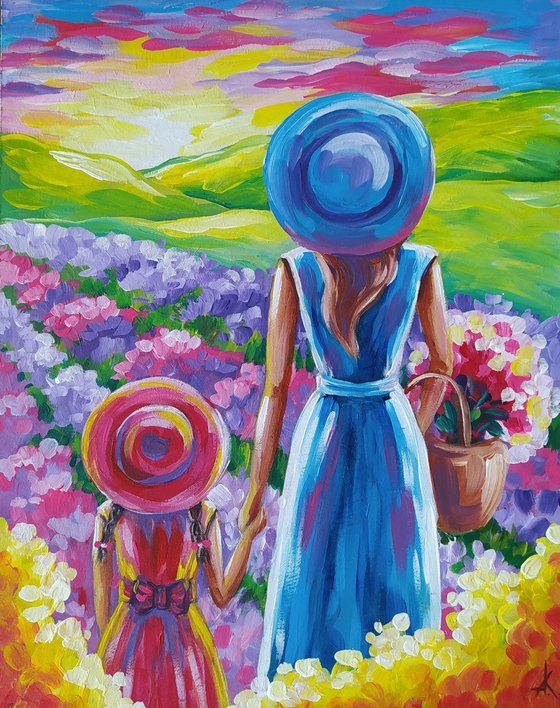 Mom's care - love, mother's love, mom and daughter, mother and daughter, woman and girl, flowers, field of flowers