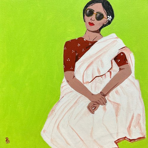 Original POP Art - Short Hair White Saree Pop Art Indian painting, Modern Asian painting by Parul Baliyan