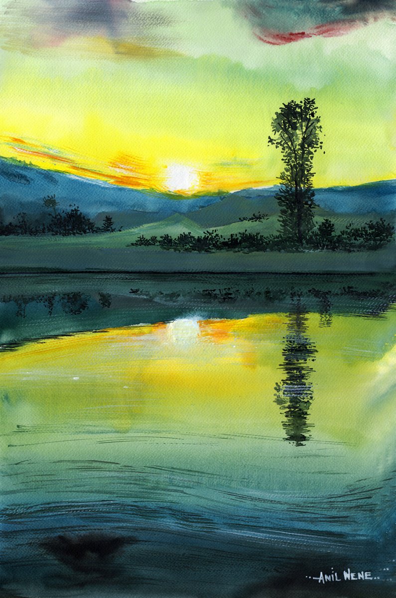 Photorealistic Landscape Watercolour By Anil Nene, 15 X 22, New Daybreak, Original Artwork