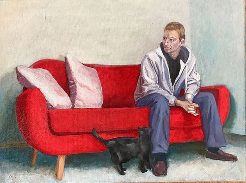 Portrait of the Artist with a Young Cat 2019 by Wayne Peachey
