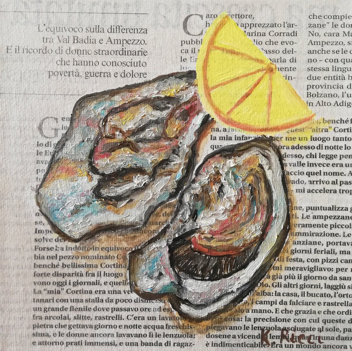 Oysters on Newspaper Original Oil on Canvas Board Painting 6 by 6 inches (15x15 cm) by Katia Ricci