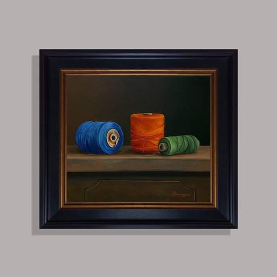 Cotton bobbins (34x37cm, oil on canvas, framed)