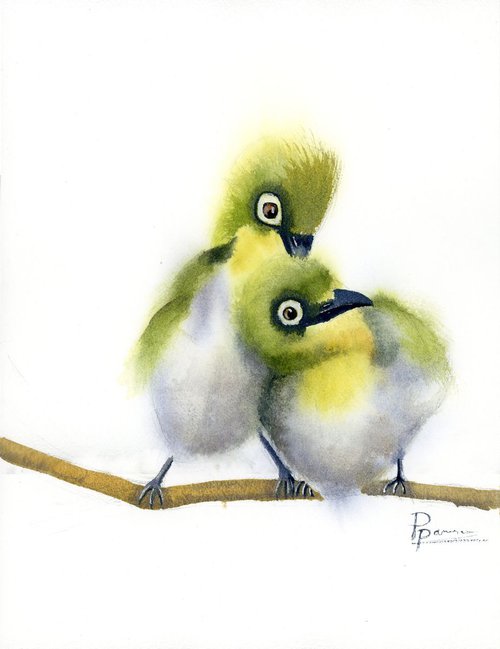 Two Birds Original Watercolor by Olga Shefranov (Tchefranov)