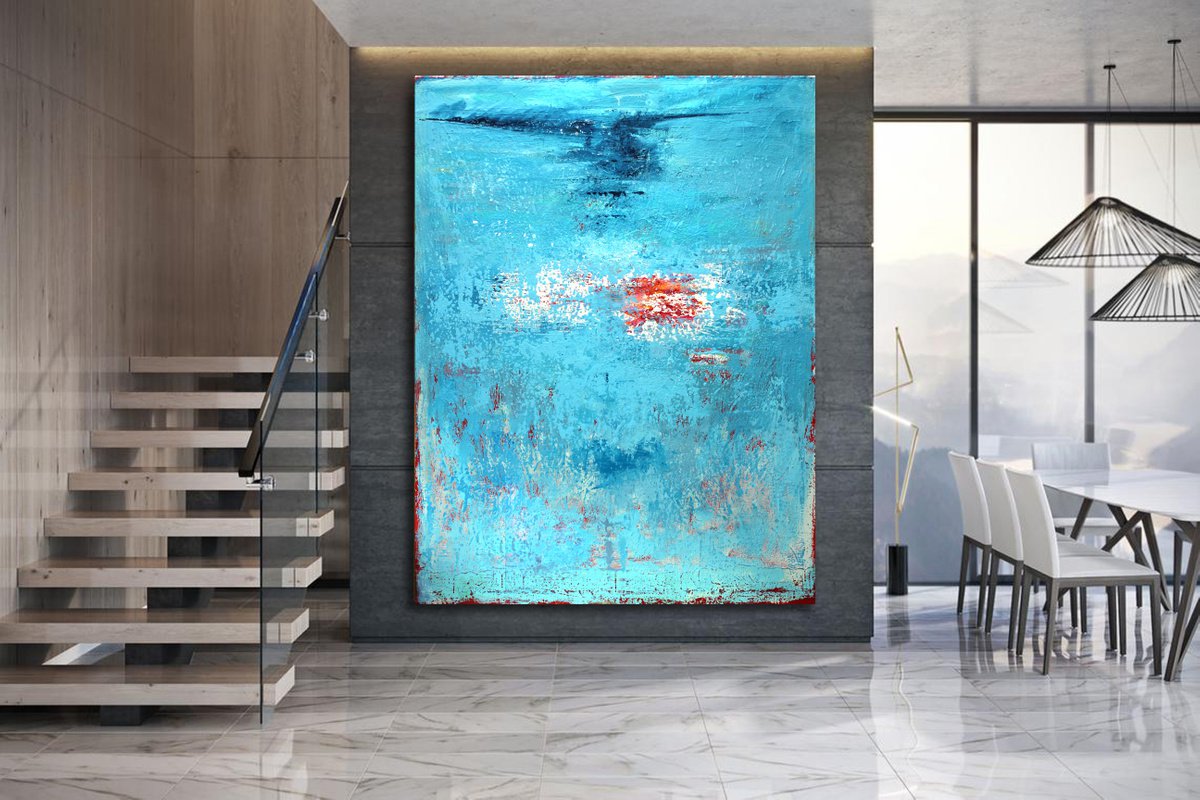 Abstract Acrylic Painting By Veljko Martinovic, 59 X 79", -Blue Poem -, Original Artwork
