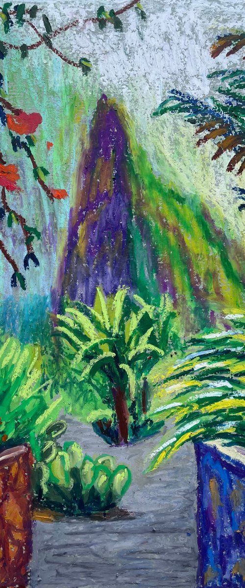 Landscape Original Painting, Green Mountain Oil Pastel Drawing, Spain Nature Artwork, Canary Islands Wall Art by Kate Grishakova