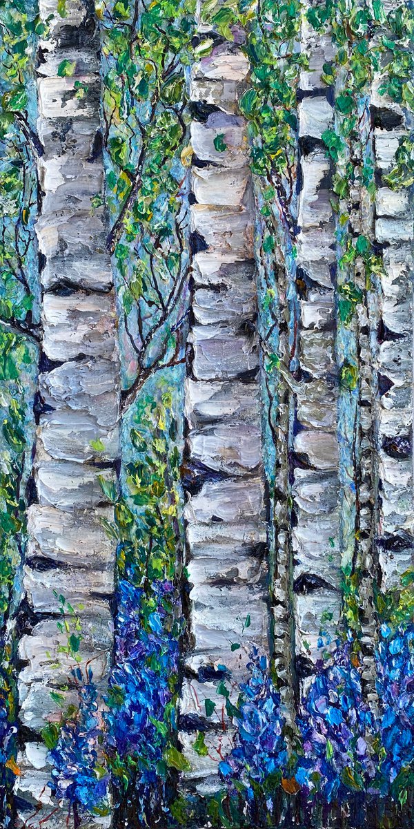 Spring Birch Trees Textured Thick Painting in Monochromatic Color Scheme by OLena Art - Lena Owens