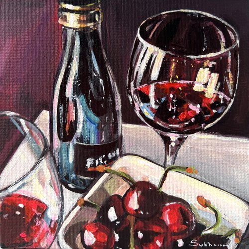 Still Life with Red Wine and Cherries by Victoria Sukhasyan