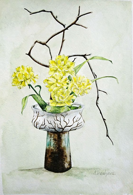 Ikebana #2. Still life watercolor painting.