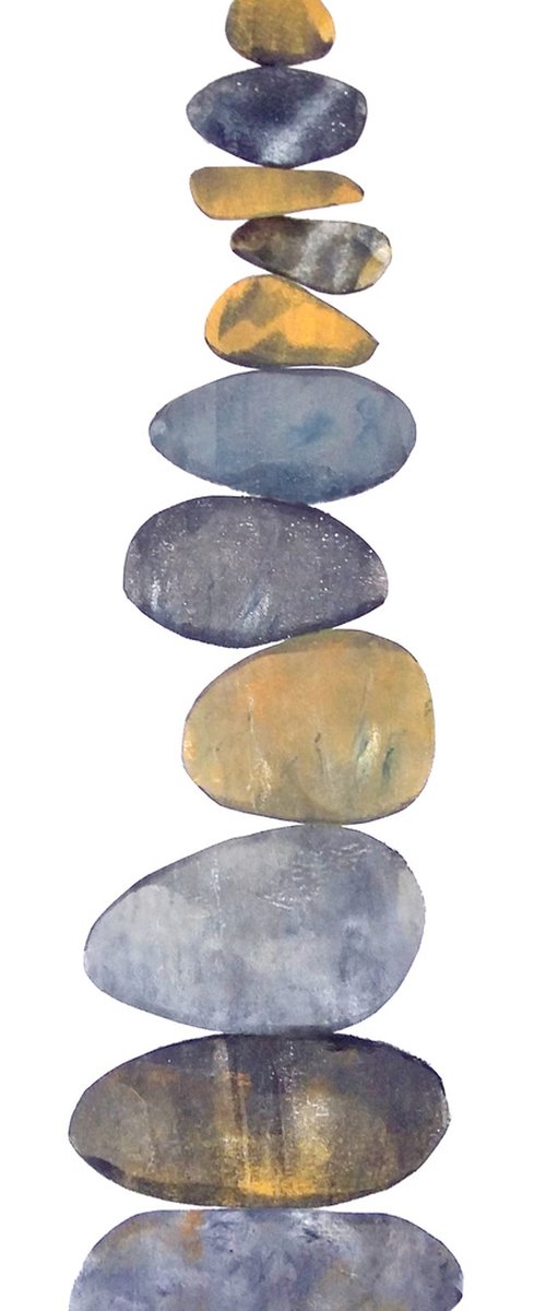 Zen stones - Twelve stones #9  ( banded balancing stones lino/monoprint) by Carolynne Coulson