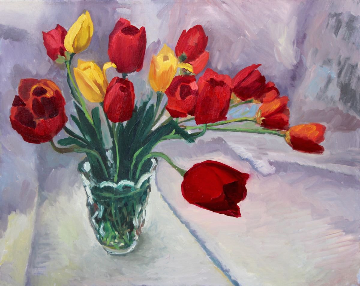 Still life 16 20 Oil painting-Original Tulips by Leo Khomich