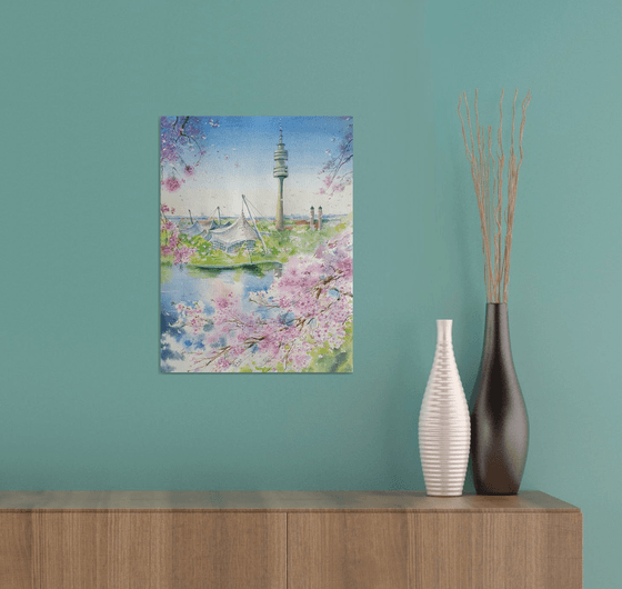 Spring Cherry blossom in Munich cityscape