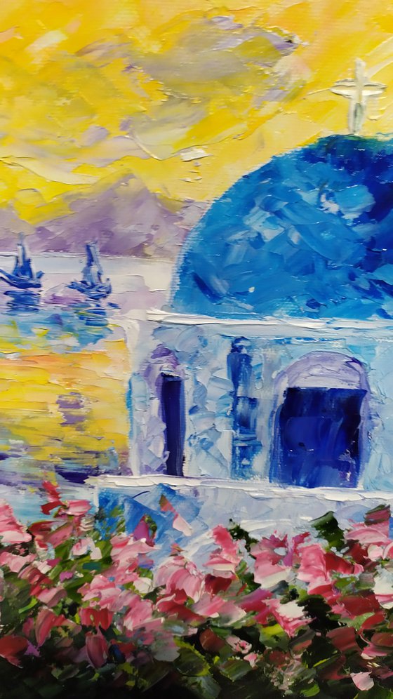 Santorini, original Greece oil painting, small gift, bedroom painting