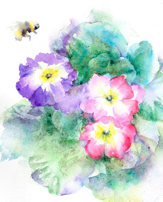 Primroses and bee original watercolour painting