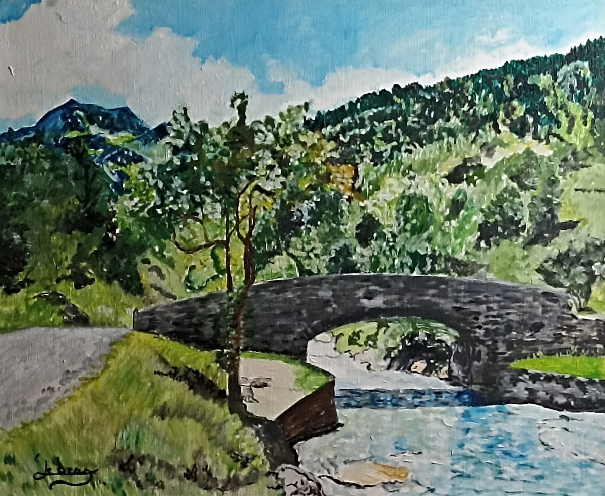 Impressionistic Landscape Oil Painting By Isabelle Lucas, 18 X 15, Bridge And Mountain, Original Artwork