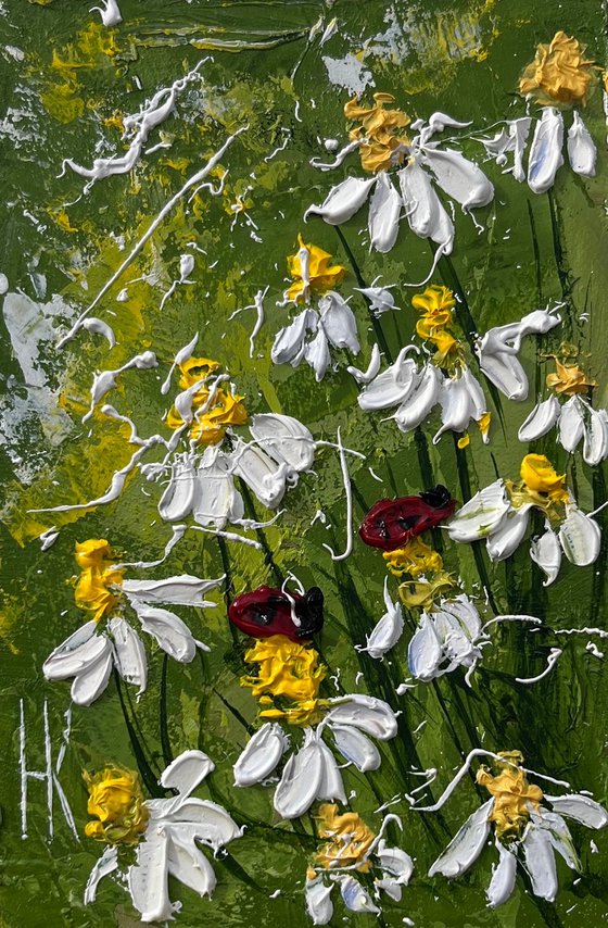 Daisy Painting Ladybug Original Art Chamomile Flowers Oil Impasto Artwork Floral Wall Art 4 by 6"