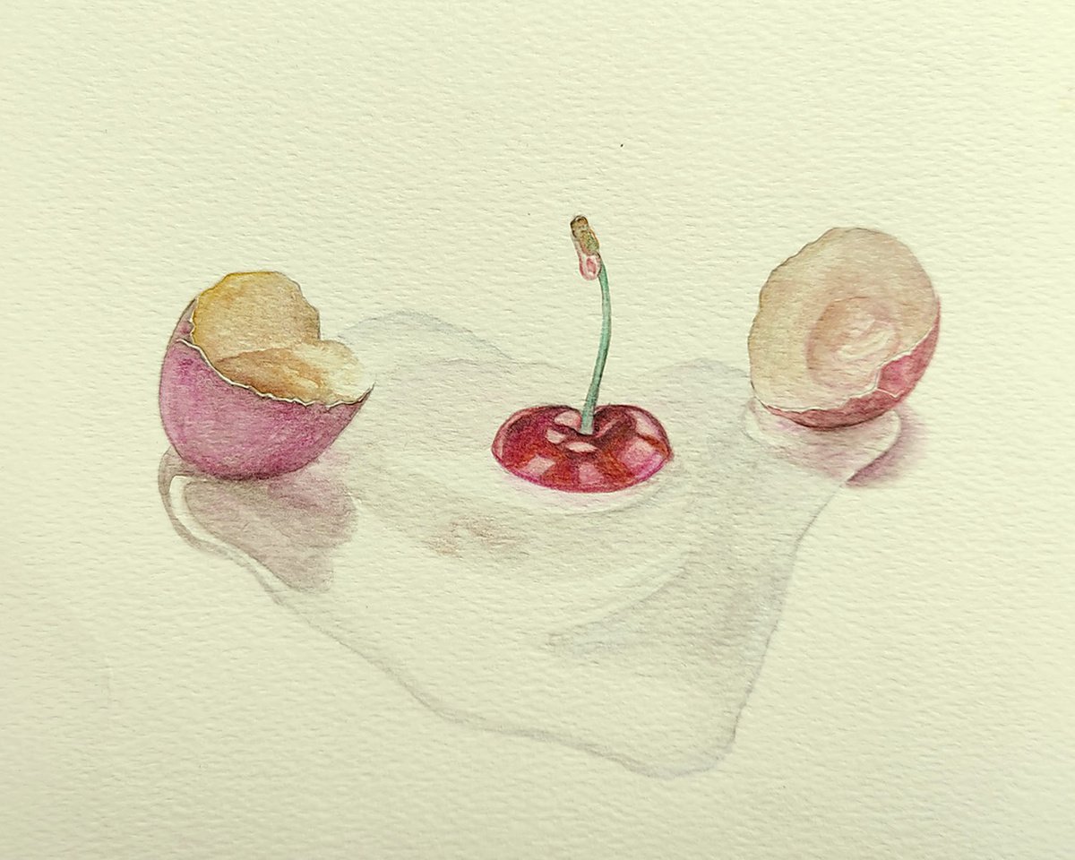 Surrealistic Still Life Watercolour By Andromachi Giannopoulou, 8 X 7, Cherry-Egg, Original Artwork