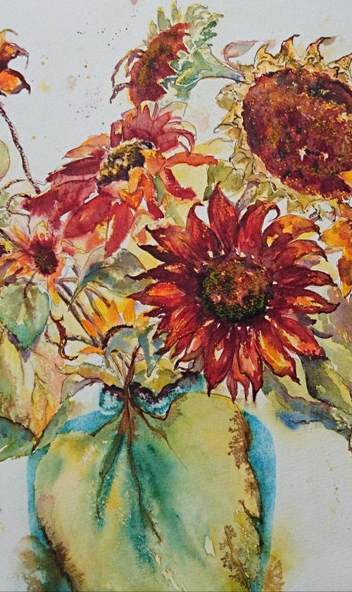 Orange Sunflowers (large watercolour and mixed media floral) by Michele Wallington