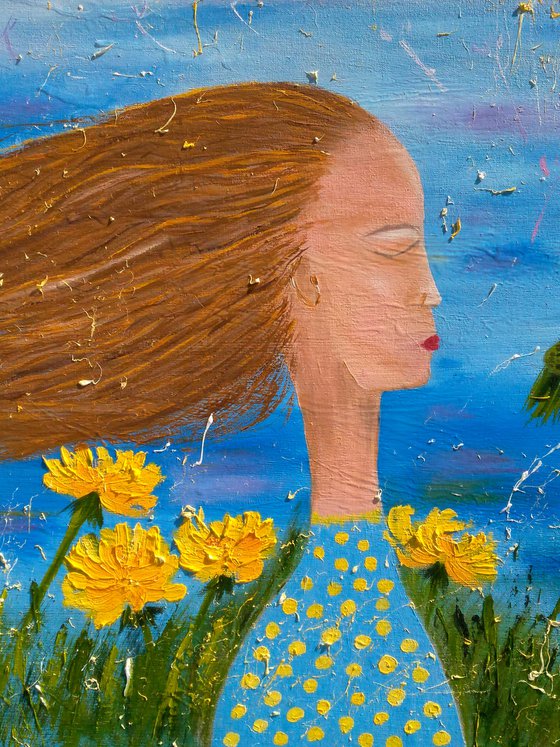 Dandelion Painting Portrait Original Art Female Portrait Painting Girl Portrait Oil Canvas Artwork Ready to Hang Home Wall Art 24 by 16" by Halyna Kirichenko