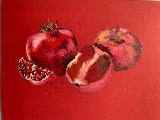 "POMEGRANATES ON A RED BACKGROUND "