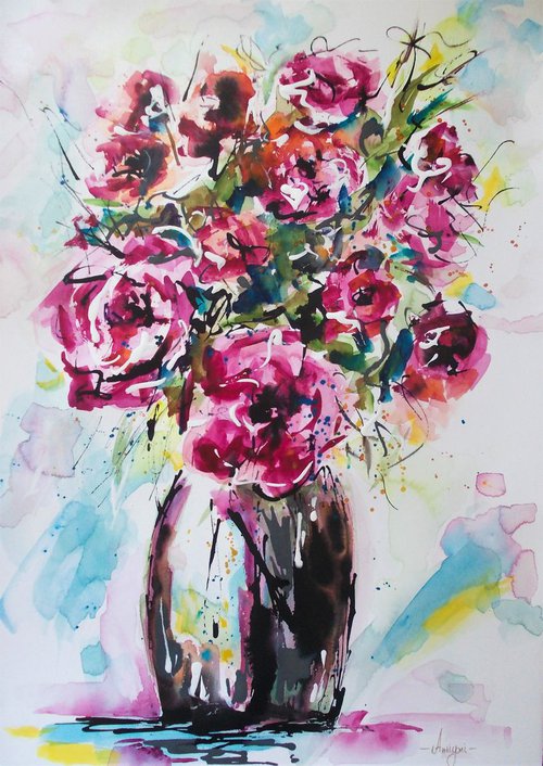 Roses In A Vase  - Watercolor Roses In A Vase Painting by Antigoni Tziora