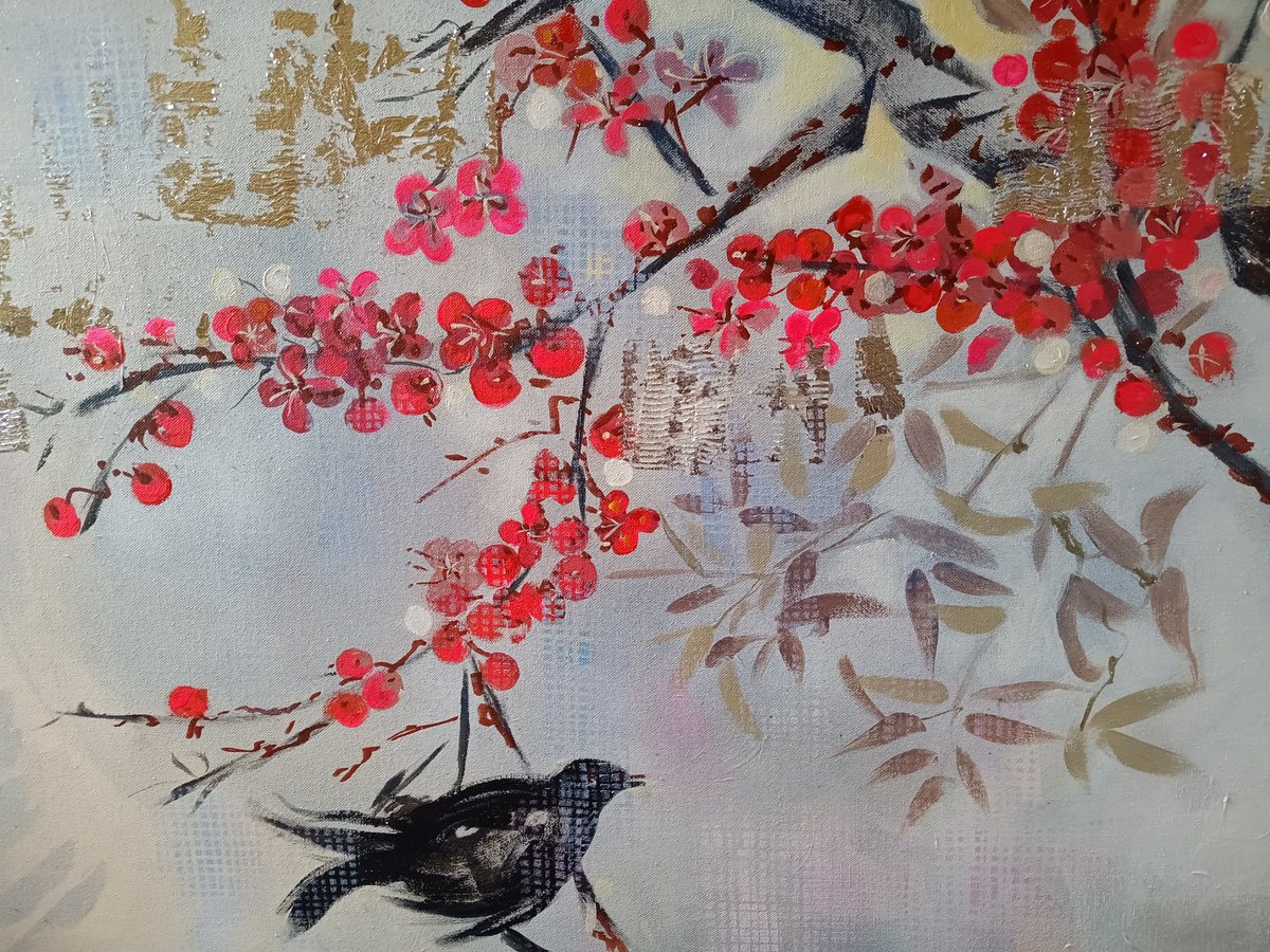 Expressive Botanical Acrylic Painting By Marina Del Pozo, 36 X 29", Red Fruit, Original Artwork