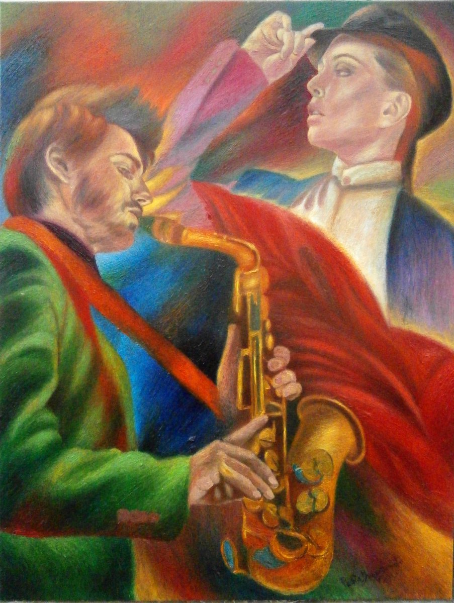 Expressive Portrait Oil Painting By Paola Imposimato, 32 X 41", Flamenco Jazz, Original Artwork