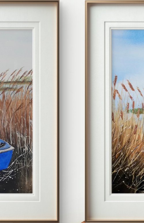 Set of 2. Boat on the river by Yuliia Sharapova