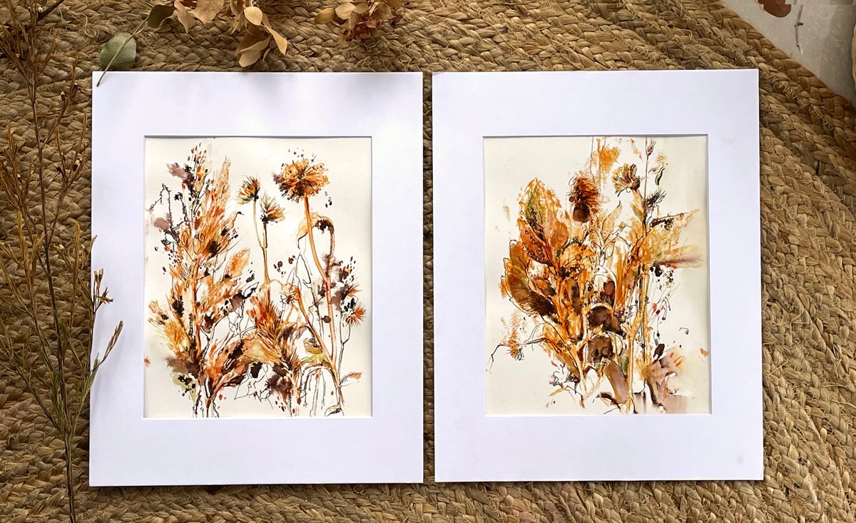 Abstract Botanical Mixed Media Diptych, Herbs and Flowers in Burnt Orange and Earth Colors... by Sophie Rodionov