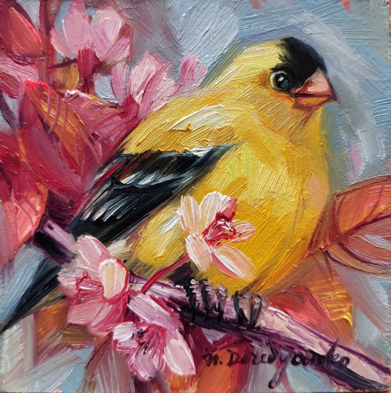 American goldfinch oil painting original 4x4, Small framed art yellow bird wall art