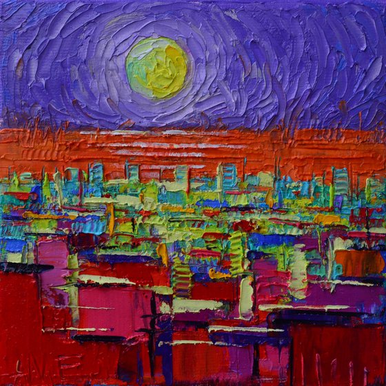 ABSTRACT CITY SKYLINE WITH ORANGE SEA AND LIME MOON ON PURPLE SKY textural impasto palette knife oil painting contemporary art by ANA MARIA EDULESCU