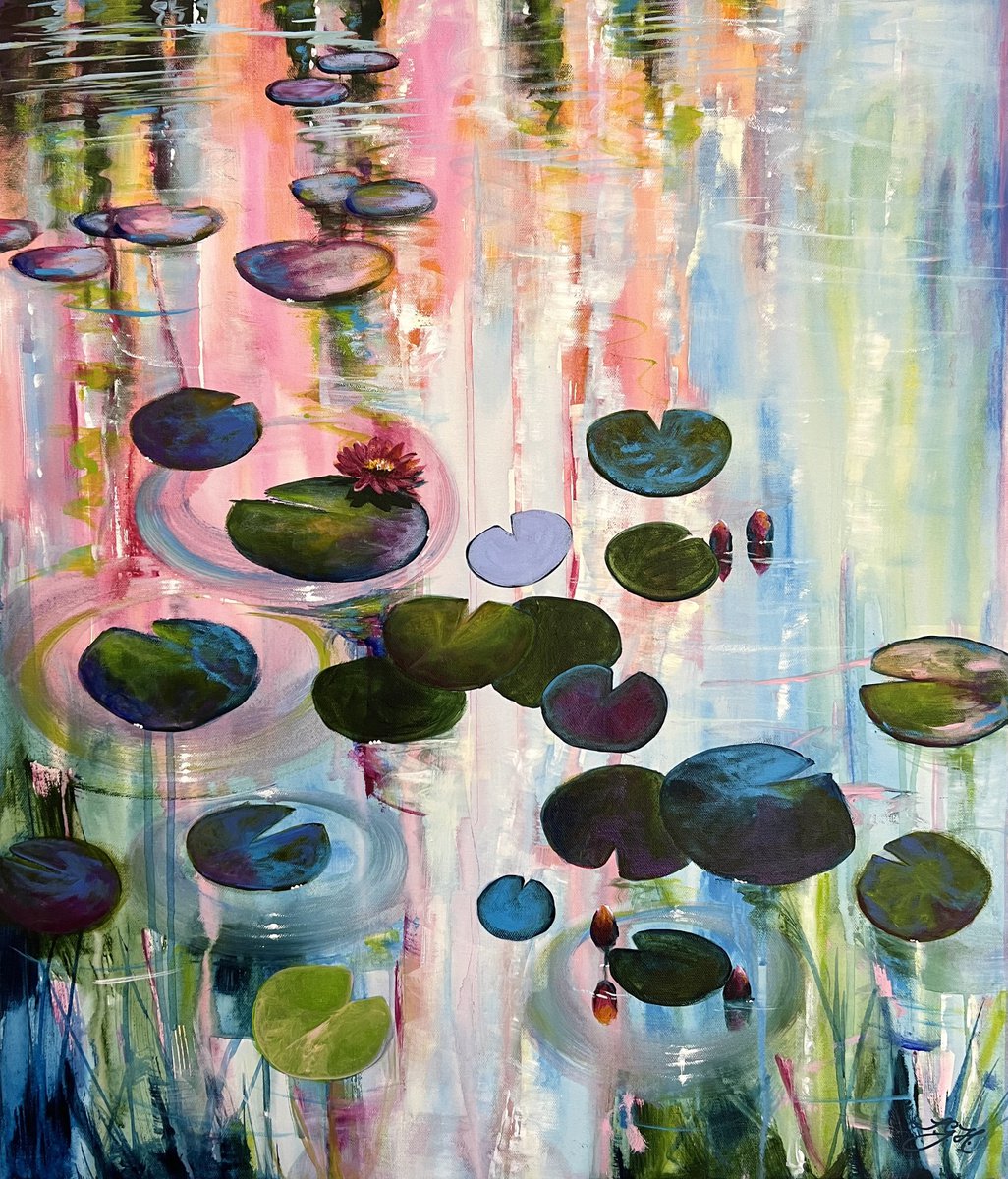 Impressionistic Landscape Acrylic Painting By Sandra Gebhardt-Hoepfner, 24 X 28", I Love Waterlilies 6, Original Artwork