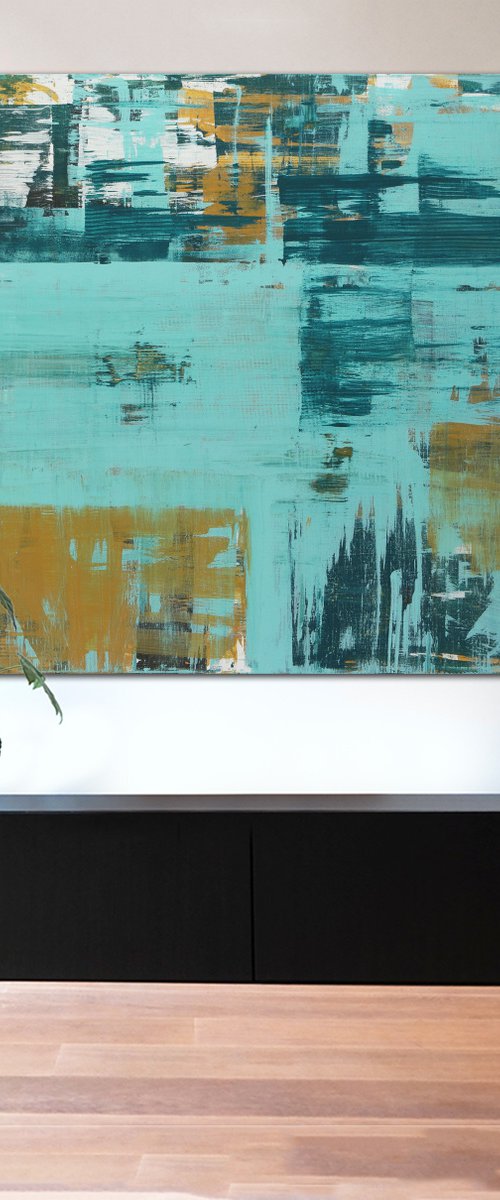 XL Abstract Painting - Static In Blue XL - 120x120 cm - Ronald Hunter - 14J by Ronald Hunter