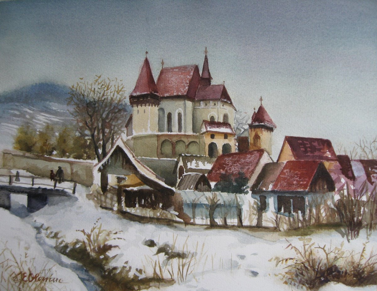 Expressive Cityscapes Watercolour By Elena Oleniuc, 17 X 13, Medieval Traces, Original Artwork