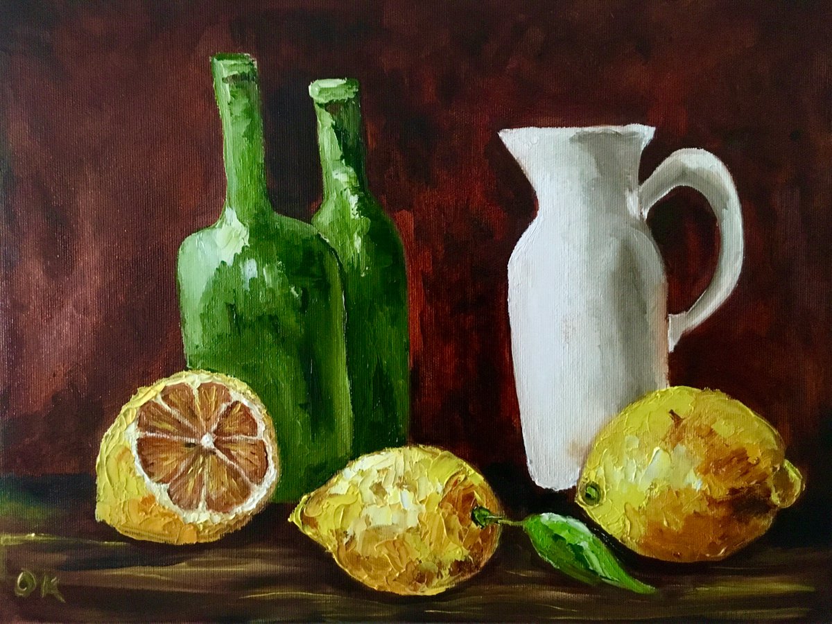 2 Bottles, jar and lemons. Still life. Palette knife painting on linen canvas by Olga Koval