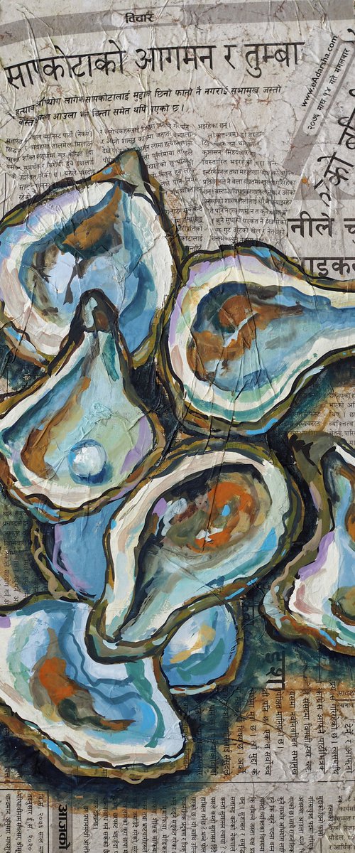 Oysters on the newspaper by Delnara El