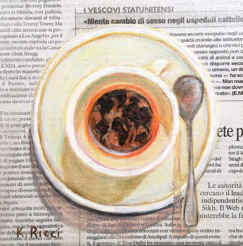 "The Whole World in a Coffee Cup" Original Oil on Newspaper and Canvas Board Painting 6 by 6 inches (15x15 cm) by Katia Ricci