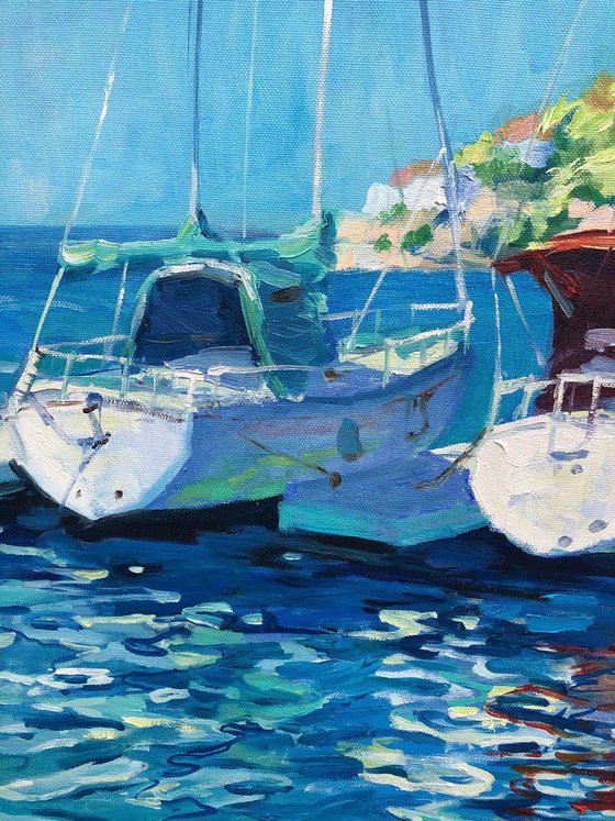Yachts. Somewhere in Spain ( sea boats  ) XXL landscape oil painting