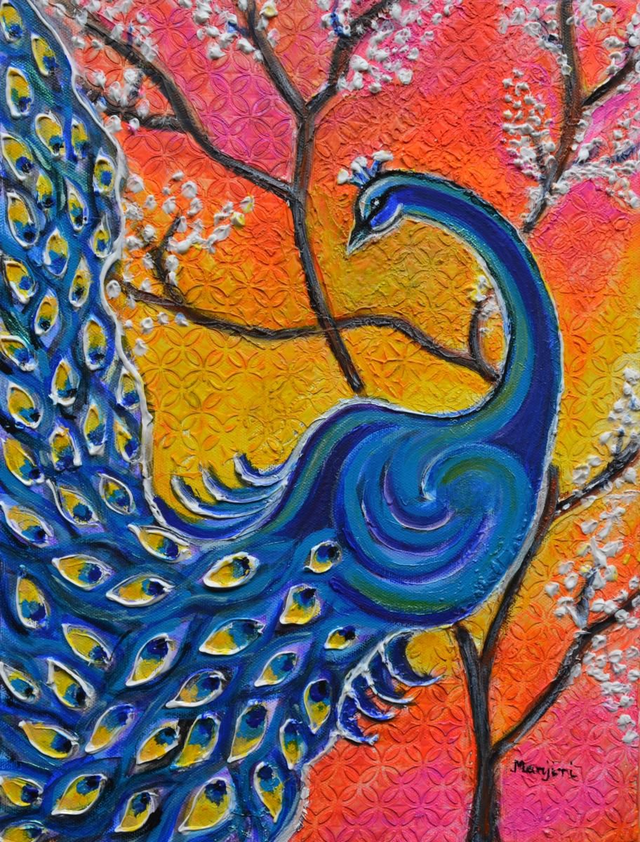 Majestic Peacock colorful textured art by Manjiri Kanvinde