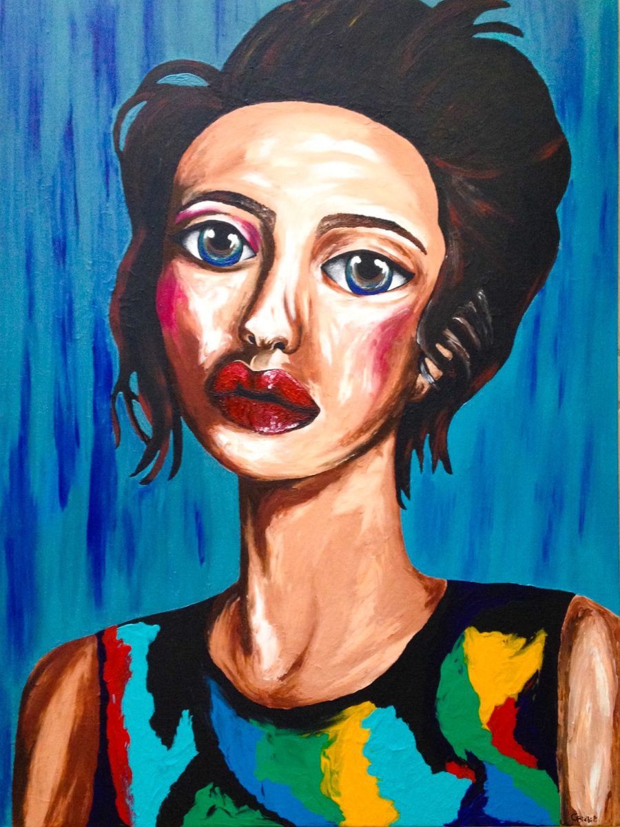 Expressive Portrait Acrylic Painting By Christina Bilbili, 24 X 31, Better In Love, Original Artwork