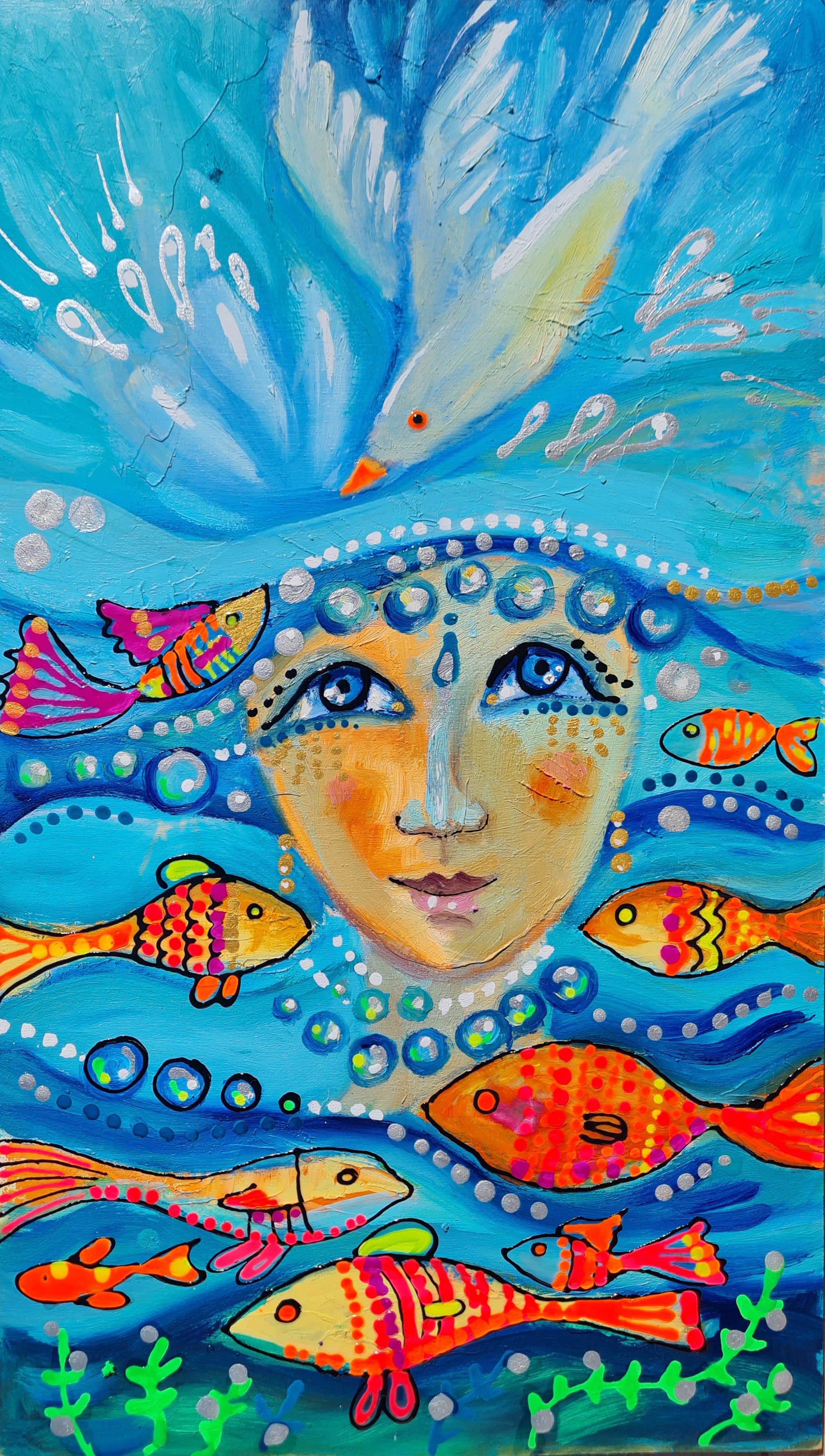 Illustrative Portrait Oil Painting By Simon Tunde, 12 X 20", Guardian Of Waters Princess, Original Artwork