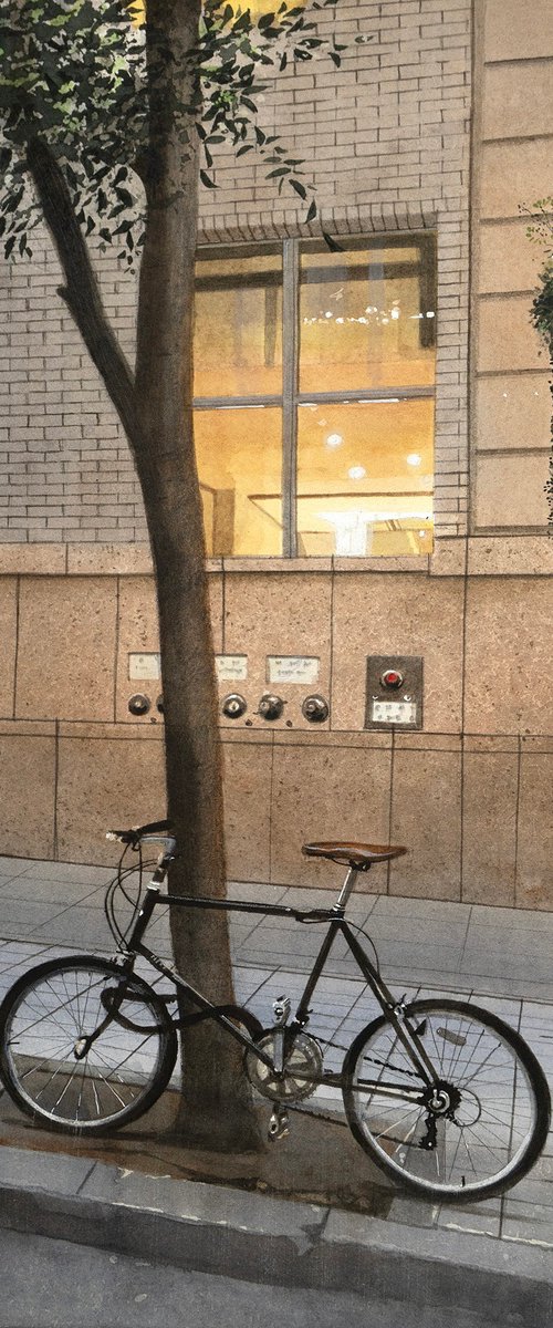 Warm Light and Bicycle - 30x40cm Watercolor by Masato Watanabe