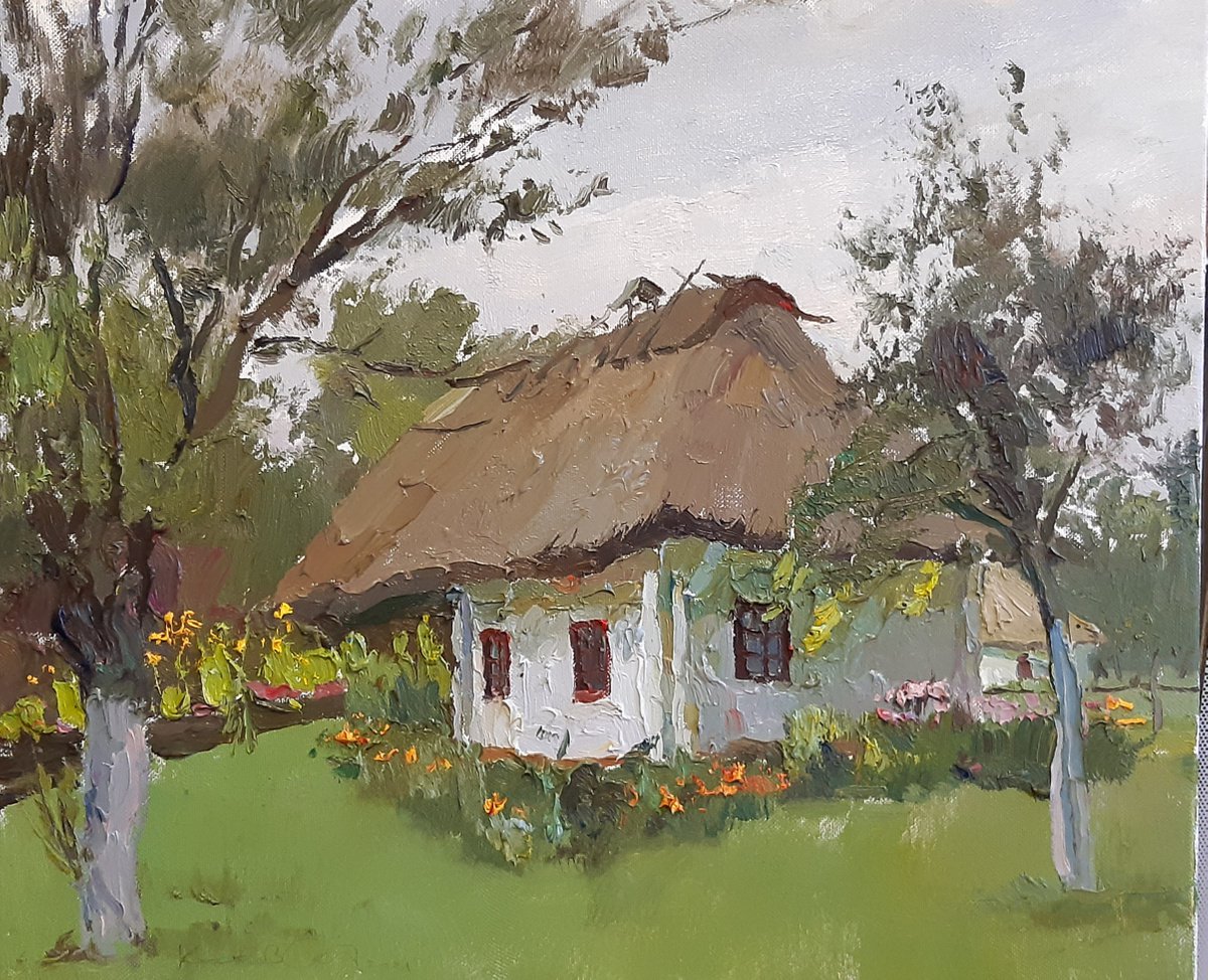 Expressive Landscape Oil Painting By Sergey Kostov, 24 X 20", Cloudy Day In A Village, Original Artwork