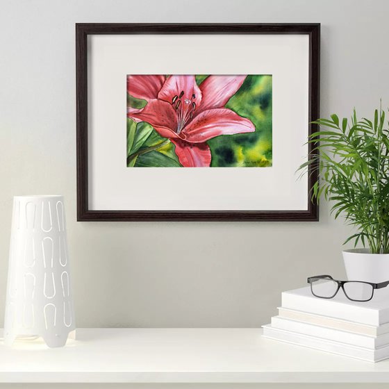 Vibrant Red Lily watercolor painting flower art