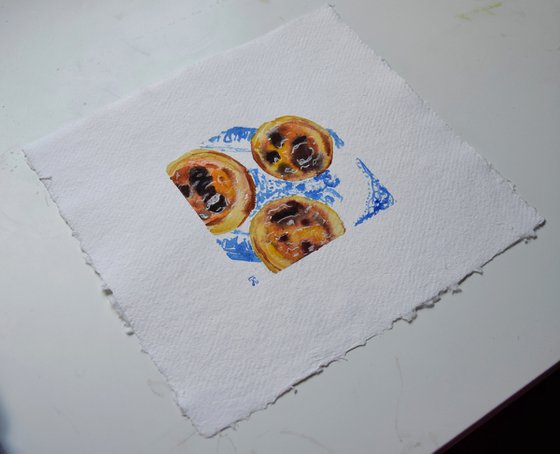 Watercolor painting Portuguese food, Lisbon cake original painting, Pastel de Nata art, kitchen wall art