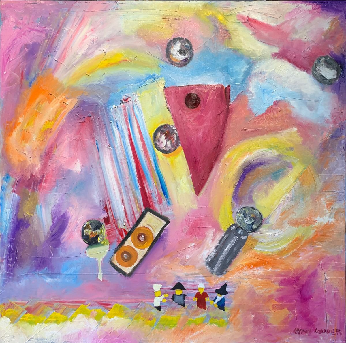 Surrealistic Oil Painting , Pinballs Fish And Lego Men By Ryan Louder, 30 X 30, Artwork For Sale On Artfinder