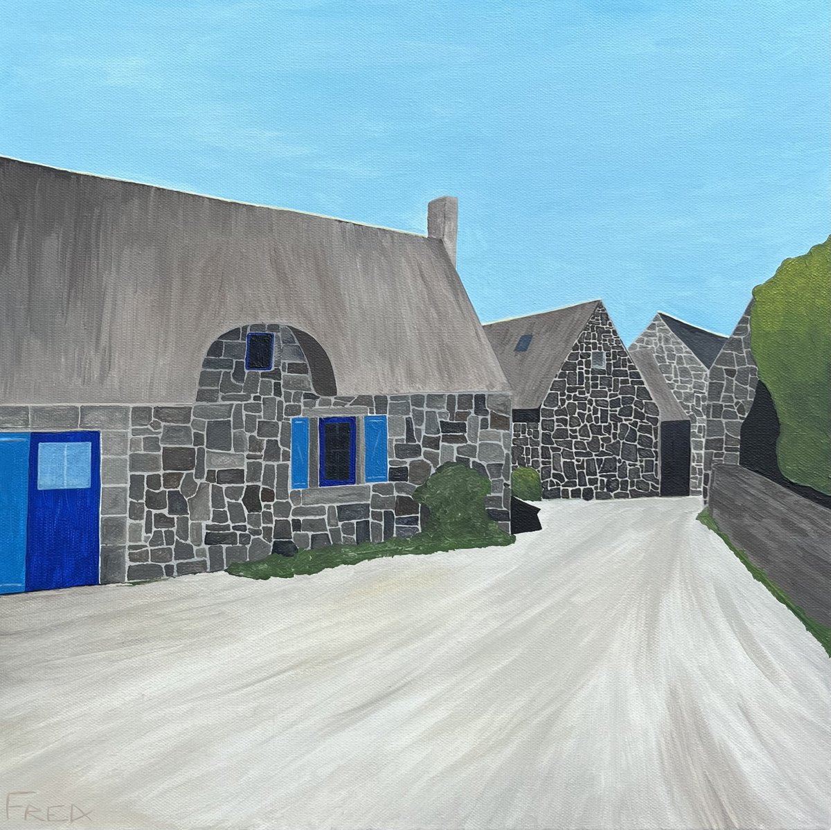 Naive Cityscapes Oil Painting By Cadiou Frederic, 22 X 22, Kerascoet, Original Artwork