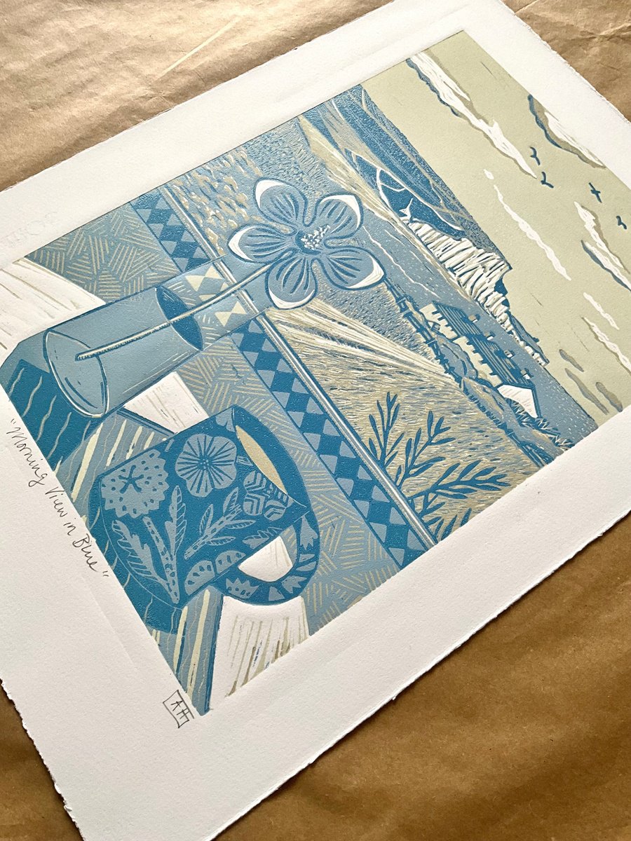 Landscape Linocut By Alison Headley, 11 X 15, Morning View In Blue, Original Artwork