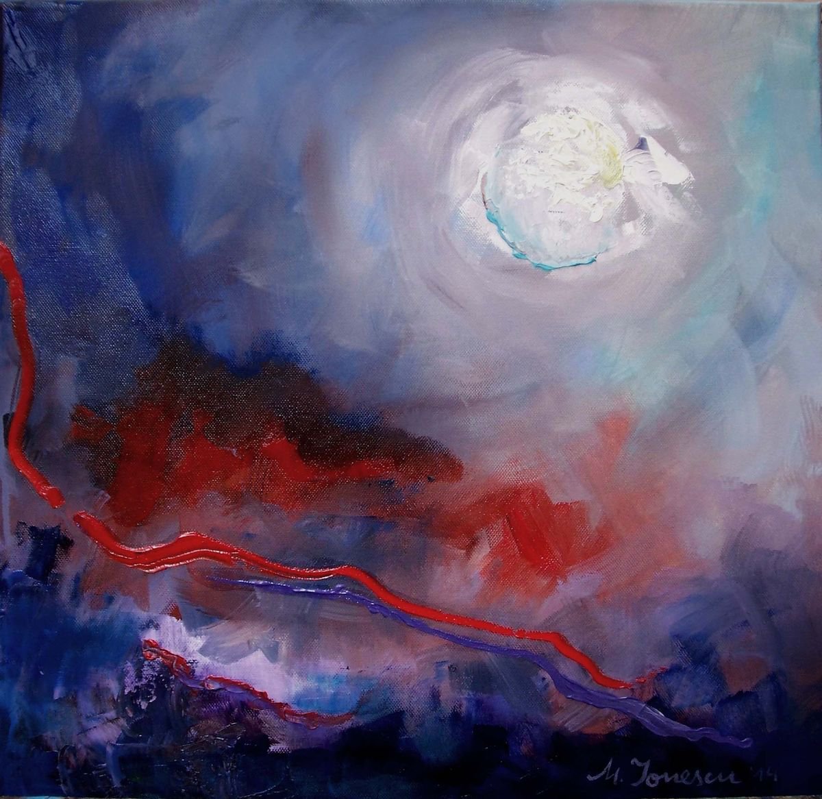 Expressive Landscape Acrylic Painting By Mihaela Ionescu, 20 X 20", White Moon, Original Artwork