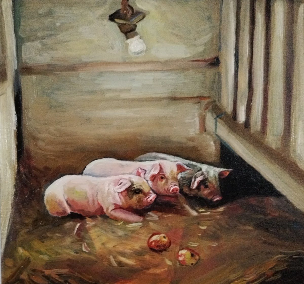 Animal Oil Painting By Viktoria Deri, 12 X 12", Pigs, Original Artwork