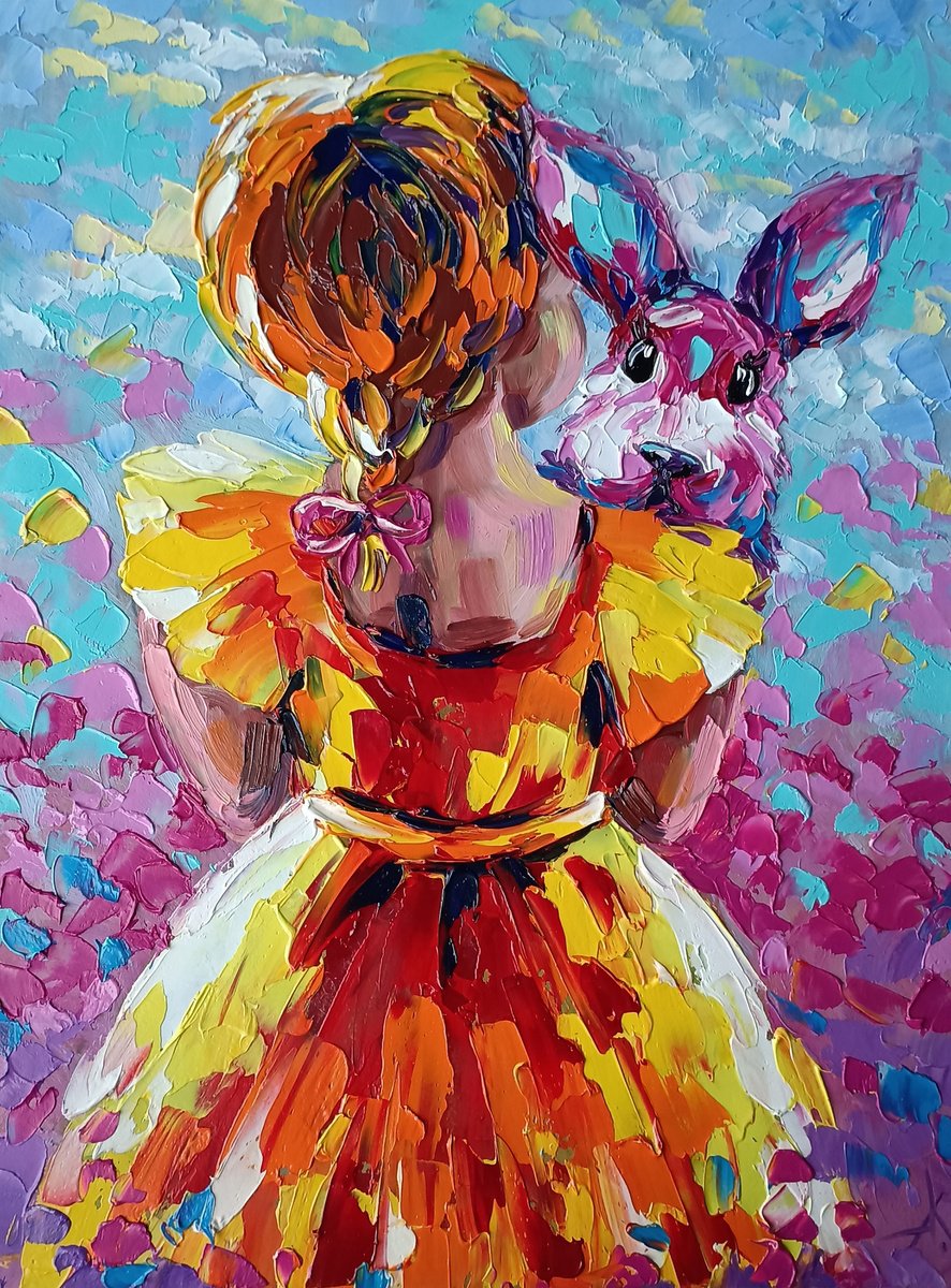Little girl childhood, child, oil painting, kids, girl, rabbit, for childs room, for kids